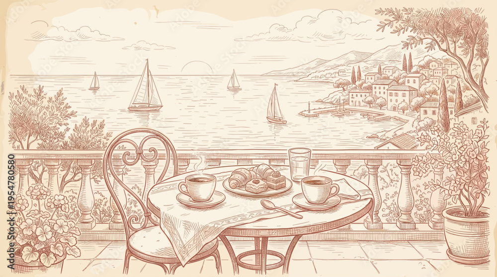 Naklejka premium A charming sketched scene from a balcony cafe overlooking a sunlit sea with sailboats, featuring a breakfast of coffee and pastries, evoking a relaxed vacation vibe.