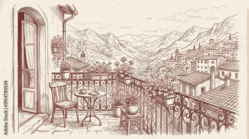 A vintage sketch depicts a charming Italian balcony with potted flowers, a table, and a chair, overlooking a picturesque town nestled in the mountains.