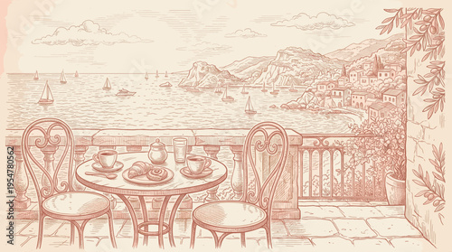 A charming sketch of a European balcony cafe with coffee and pastries overlooking a serene coastline, town, and sailboats.