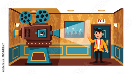Lights, Camera, Action: A young man is excited while standing near a retro film projector casting a bright movie in a cinema. This scene represents the charm and nostalgia of cinema and entertainment.