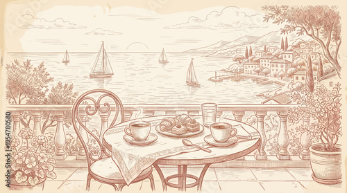 A charming sketched scene from a balcony cafe overlooking a sunlit sea with sailboats, featuring a breakfast of coffee and pastries, evoking a relaxed vacation vibe.