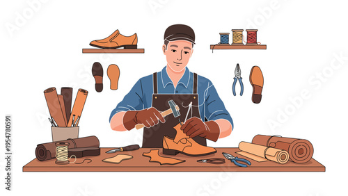 Artisan at Work: An artisan meticulously crafts a leather shoe, surrounded by the tools of their trade, embodying skill, precision, and the art of craftsmanship.