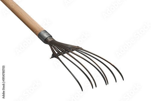 Garden hand rake with wooden handle on transparent background, symbolizing gardening and horticulture work