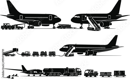 Aircraft Ground Support and Airport Service Vehicles Vector Illustration – Airplane, Ground Handling Equipment, and Aircraft Servicing