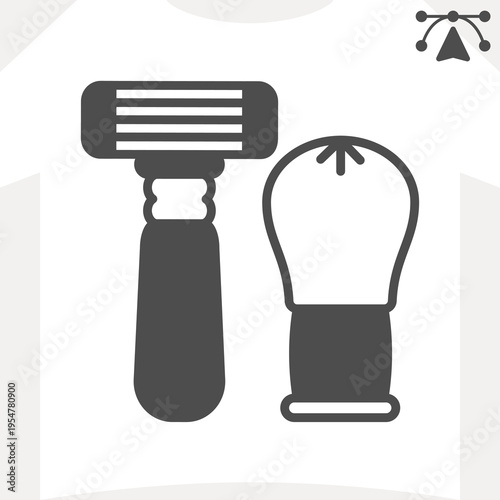 Razor and aftershave brush solid icon, grooming kit concept. Vector graphics. Shaving razor and facial brush sign and editable stroke, glyph style icon for mobile or web design.