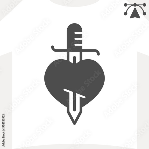Heart pierced by sword solid icon, tattoo concept. Vector graphics. Shape of heart and knife sign and editable stroke, glyph style icon for mobile or web design.