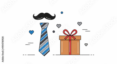 Father s Day Celebration Elements Tie Moustache Gift Box Hearts and Dots on White Background