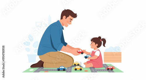 Father and Daughter Playing with Toy Cars on Playmat Family Bonding Time Activities