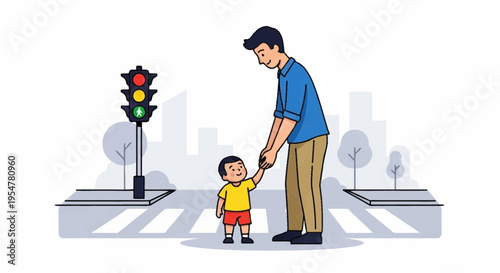 Father and Child Crossing Street Safely at Traffic Light