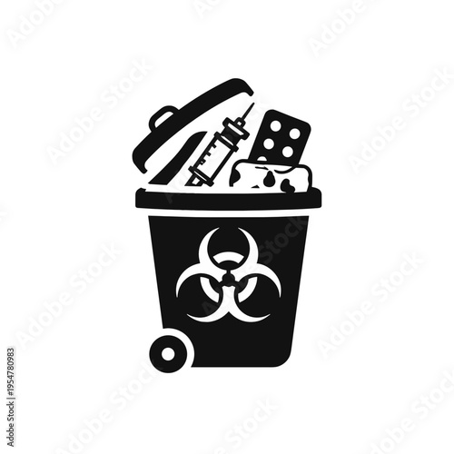 Biohazard Waste Container Icon with Medical Disposal Items on Neutral Background