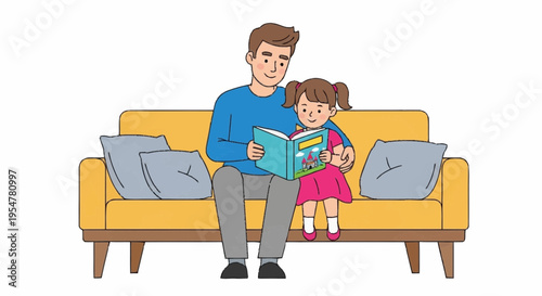 Father Reading Storybook to Daughter on Sofa