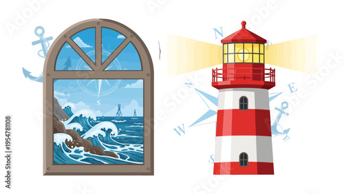Guiding Light and Coastal Vista: A charming lighthouse stands tall, its beacon shining brightly beside a window framing a seascape, capturing the allure of the sea.