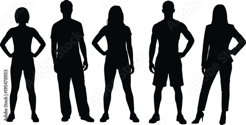 Set of diverse people silhouettes standing in various poses, casual and professional group of men and women icons, vector illustration