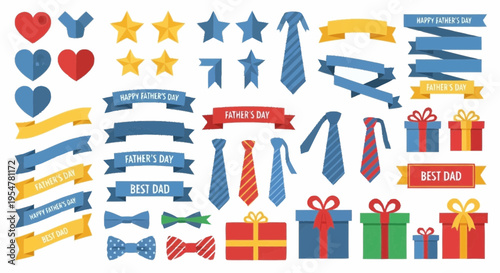 Father s Day Celebration Elements Ties Bows Hearts Stars Ribbons and Gift Boxes Collection