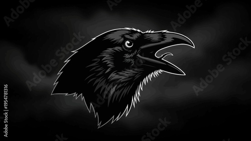 Dark Raven Head Illustration with Open Beak on Moody Black Background