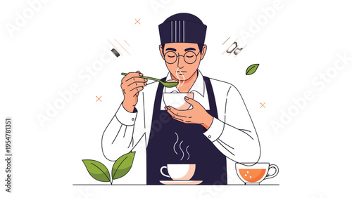 Tea Ceremony Illustration: An illustration captures the artistry of a tea ceremony, where a person meticulously examines the aroma of tea, focusing on its intricate nuances.