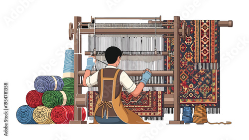 Artisan's Loom: A focused artisan meticulously weaving a vibrant textile on a traditional loom, demonstrating the artistry and skill involved in handmade crafts. 