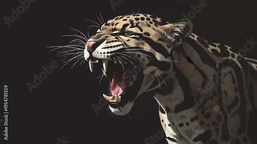 Ocelot Roaring Aggressively with Mouth Open, Sharp Teeth Visible, Dark Background