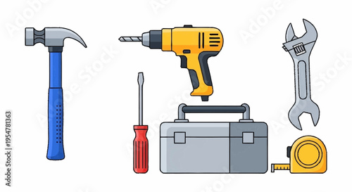 Collection of Hand Tools and Power Drill for Repair and Construction Projects