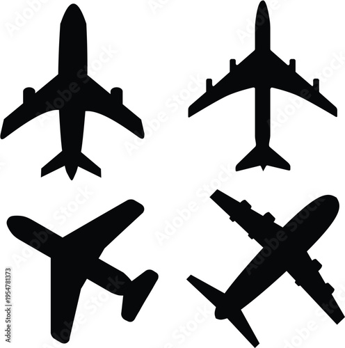 Set of airplane icons in different angles and styles for aviation design elements flying aircraft silhouettes isolated on transparent background for travel concepts and symbols