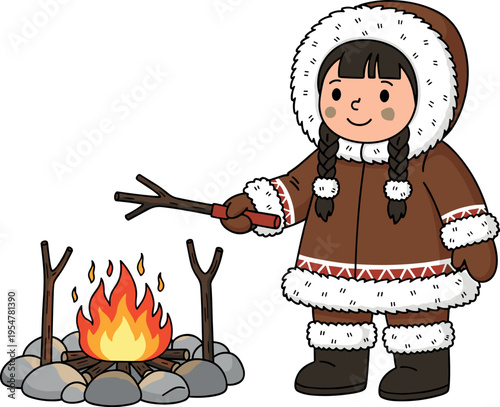 Cute cartoon Inuit child warming hands by campfire in winter clothing, arctic survival illustration with traditional fur parka, outdoor camping scene, cozy firelight