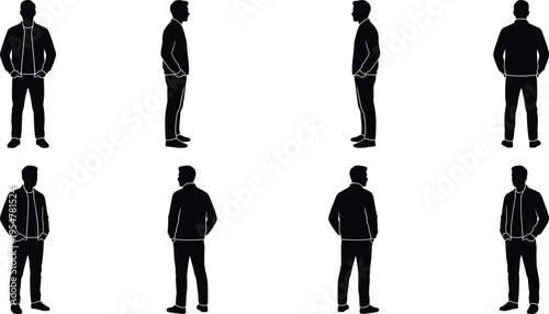 Set of male silhouettes in different poses and angles, 3D character model silhouettes for architectural visualization and design, isolated on white