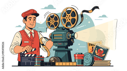 Lights, Camera, Action: A vintage film camera and a dedicated filmmaker, engaged in the art of cinematic storytelling, working with essential tools for the movie making.