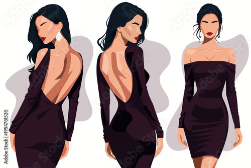 Vector fashion illustration set of elegant women in tight plum noir dresses with open back and off-shoulder style.