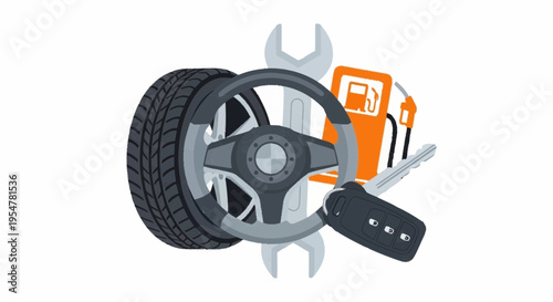 Automotive Service and Transportation Concept Icons Wheel Steering Wheel Wrench Fuel Canister and Key Fob