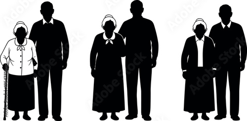 Elderly couple silhouettes set, senior man and woman standing together, black family figures collection for retirement concept, aging society illustration, caregiving and support theme