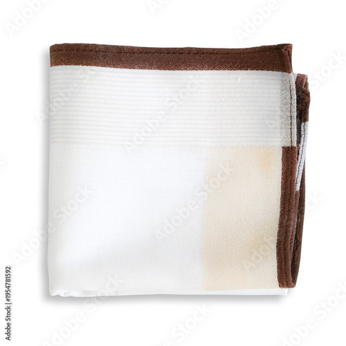Photos Neatly folded white cotton handkerchief featuring a brown border and subtle beige stripes, isolated on white background