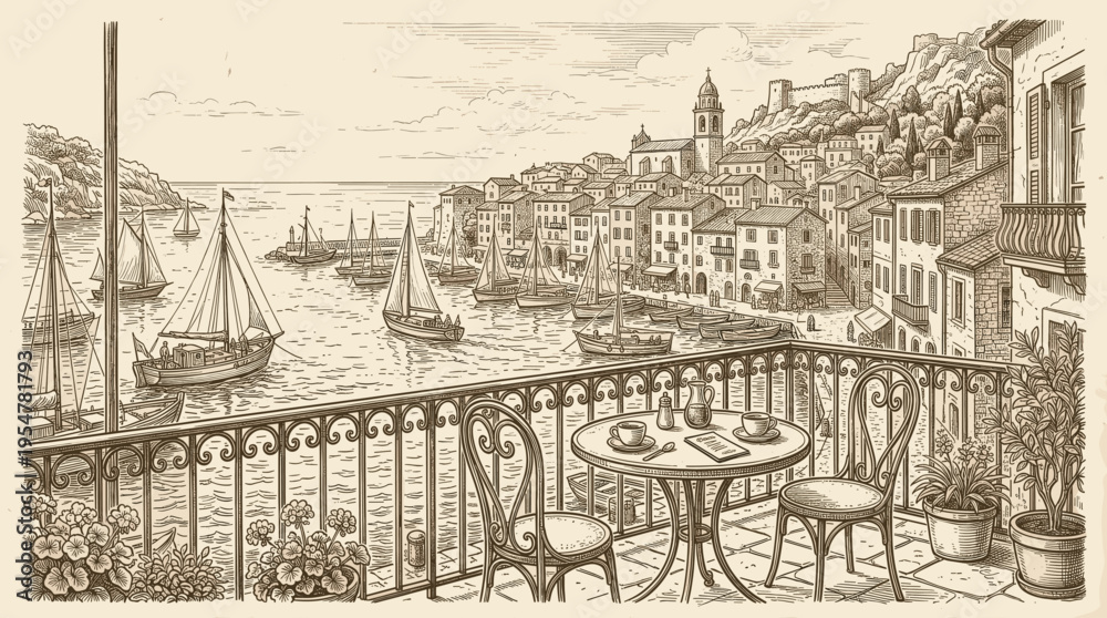Naklejka premium A vintage-style sketch depicts a charming Italian coastal town viewed from a balcony with a table set for two, overlooking a bay filled with sailboats.