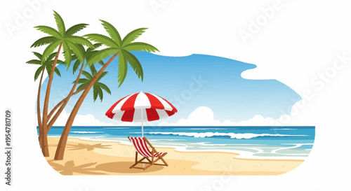 Tropical Beachscape with Palm Trees Umbrella and Beach Chair