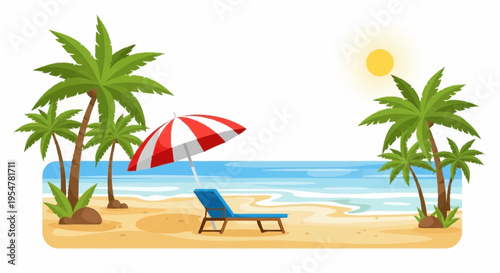Tropical Beach Scene with Palm Trees Lounge Chair and Sunny Sky