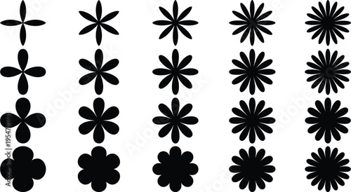 Black floral silhouette vector icons set with various petal counts and shapes for modern graphic design and branding projects