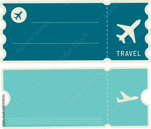 Blank flight ticket templates in teal blue color with airplane icons and travel text label boarding pass design for airline service and vacation planning marketing materials mockup