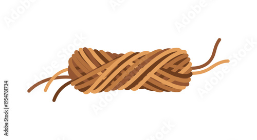 brown yarn ball with loose threads on white background