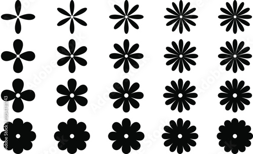 Black flat flower icons set with varying petal counts and shapes, minimalist floral symbols for graphic design and branding