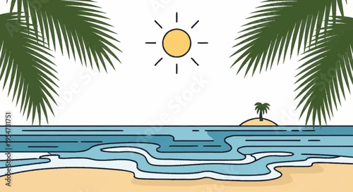 Tropical Beach Scene with Palm Fronds and a Distant Island Under a Sunny Sky