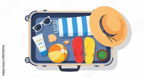Open Suitcase Packed With Beach Essentials For A Holiday Trip