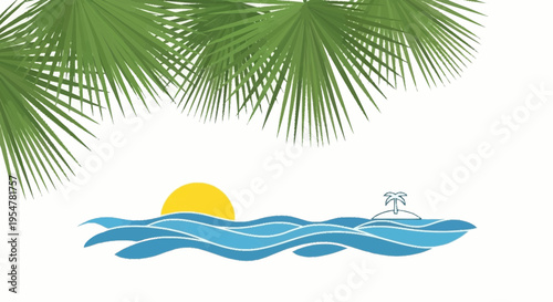 Tropical Island Sunset Over Wavy Ocean with Palm Fronds