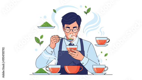 Tea Ceremony Illustration: An illustration captures the artistry of a tea ceremony. A person focuses intently on each element of brewing, enhancing the moment's peace and mindfulness.