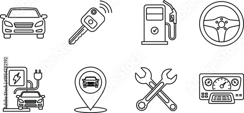 Car service and automotive icons set with vehicle maintenance tools fuel charging and navigation symbols isolated vector illustration collection