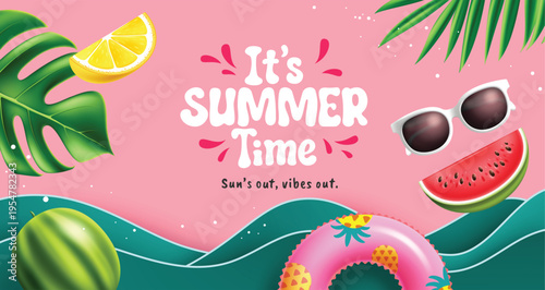 Summer time greeting vector design. It's summer time greeting text with sunglasses, watermelon, leaves and pool float elements. Vector illustration summer tropical seasonal.
