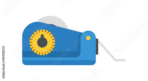 blue tape dispenser with yellow wheel and white roll