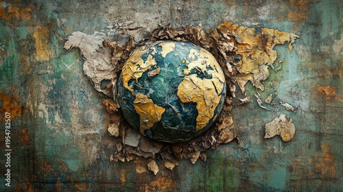 A cracked globe on a weathered wall reflects the devastating consequences of the environmental crisis, making it a fitting image for social projects and educational materials on preserving the planet.