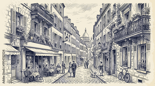 This charming sketch depicts a picturesque Parisian street with people dining at cafe tables, couples strolling, and a bicycle parked on a cobblestone street.