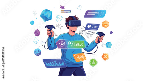 Immersed in Virtual Reality: A person wearing a VR headset, fully engrossed in a virtual world, holding controllers and interacting with digital interfaces.