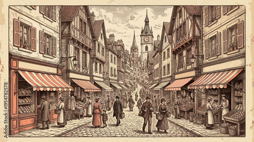 An antique illustration depicts a bustling European street with cobblestones, timber-framed buildings, awnings, and people shopping at market stalls.