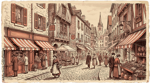 A charming vintage illustration depicts a bustling street market in an old European town with people shopping and vendors selling produce.